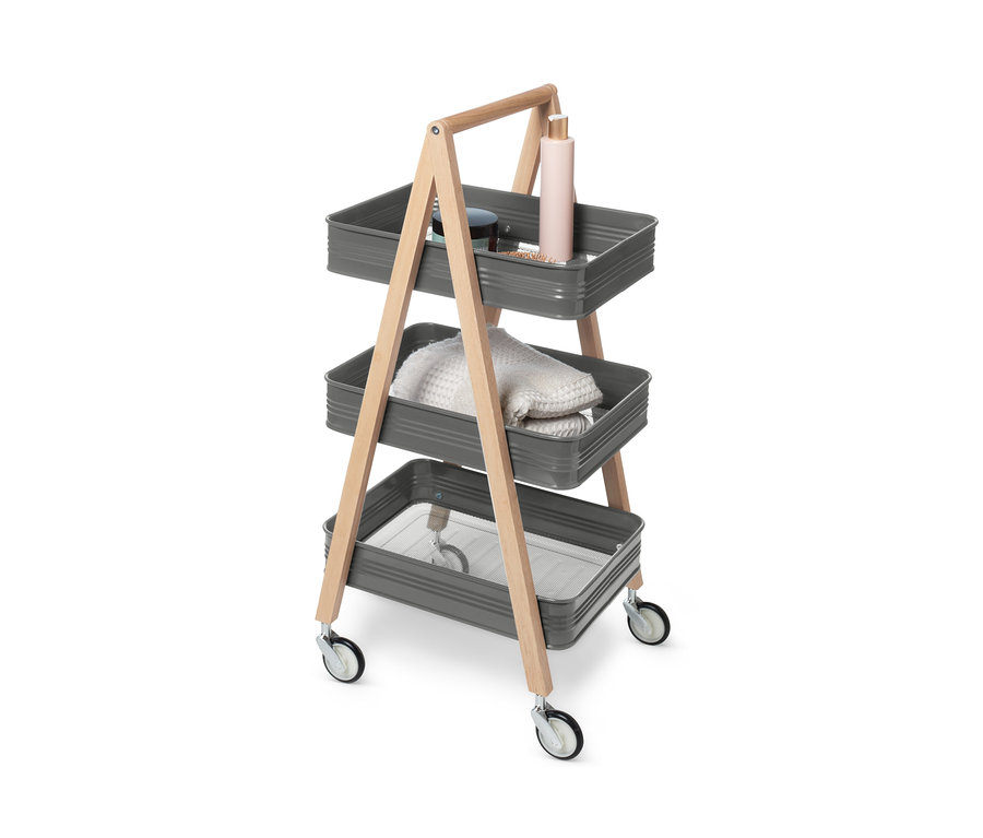 Ein anthrazitfarbener Rollwagen mit drei Ebenen und Holzrahmen.