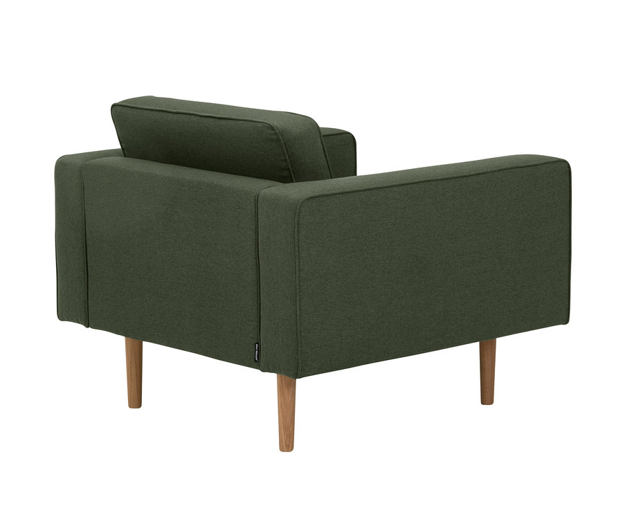 Rückansicht des grünen Sessels »Jules« mit Holzbeinen.