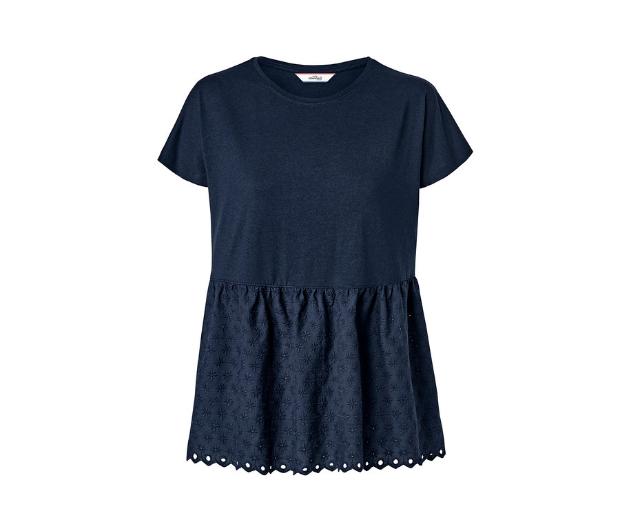 Dunkelblaues Shirt im Materialmix mit Stickerei.