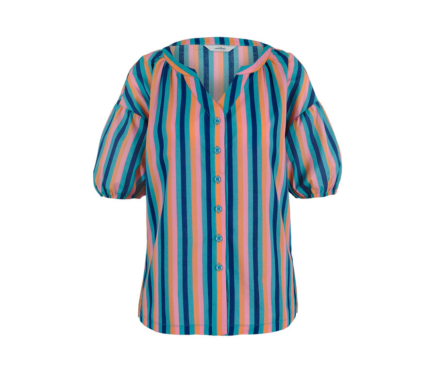 Gestreifte Bluse mit Knöpfen und kurzen Puffärmeln.