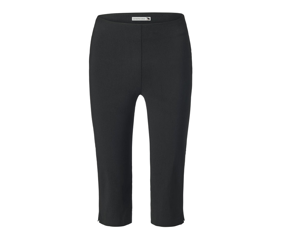 Eine schwarze 3/4-Stretchhose vor weißem Hintergrund.