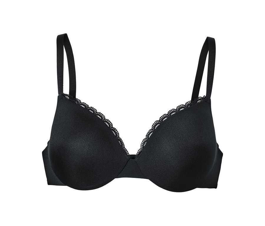 Schwarzer T-Shirt-BH mit Spitze auf weißem Hintergrund.