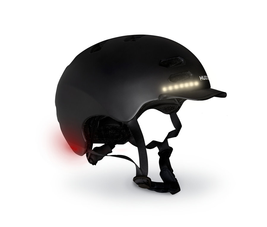 Schwarzer HUDORA-LED-Fahrrad-und-Skater-Helm mit LED-Leuchten vorne und hinten.
