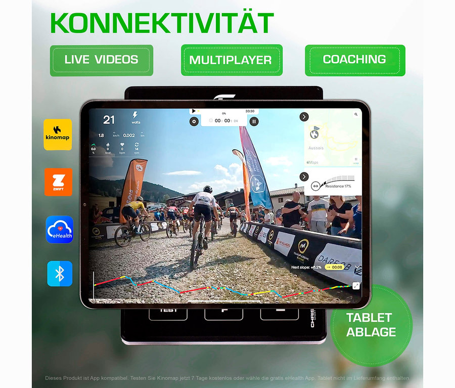 Tablet zeigt Radrennen mit kinomap, Zwift und eHealth Apps. Grüne Etiketten oben zeigen Konnektivität, Multiplayer und Coaching.