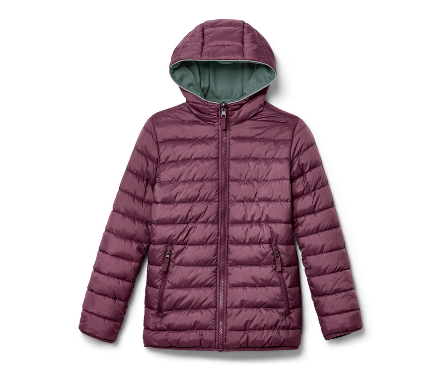 Lila 2-in-1-Kinder-Softshell-und-Steppjacke mit Kapuze.