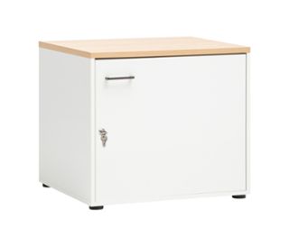 Korpus matt weiß<br>Griffe anthrazit<br>Abdeckplatte Eichendekor<br>Möbelgleiter schwarz