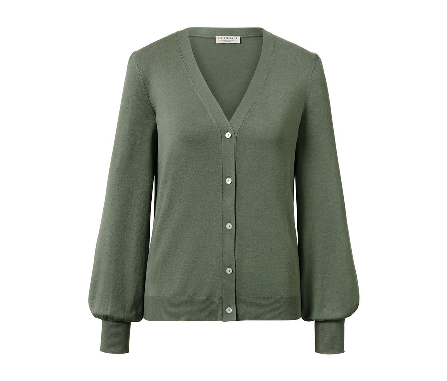 Grüner Feinstrick-Cardigan mit V-Ausschnitt und Knopfleiste.