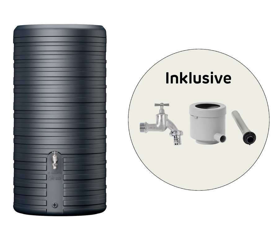 Abbildung einer graphitgrauen Garantia 2-in-1 Regentonne »Nordic« mit ca. 300 l Fassungsvermögen.
