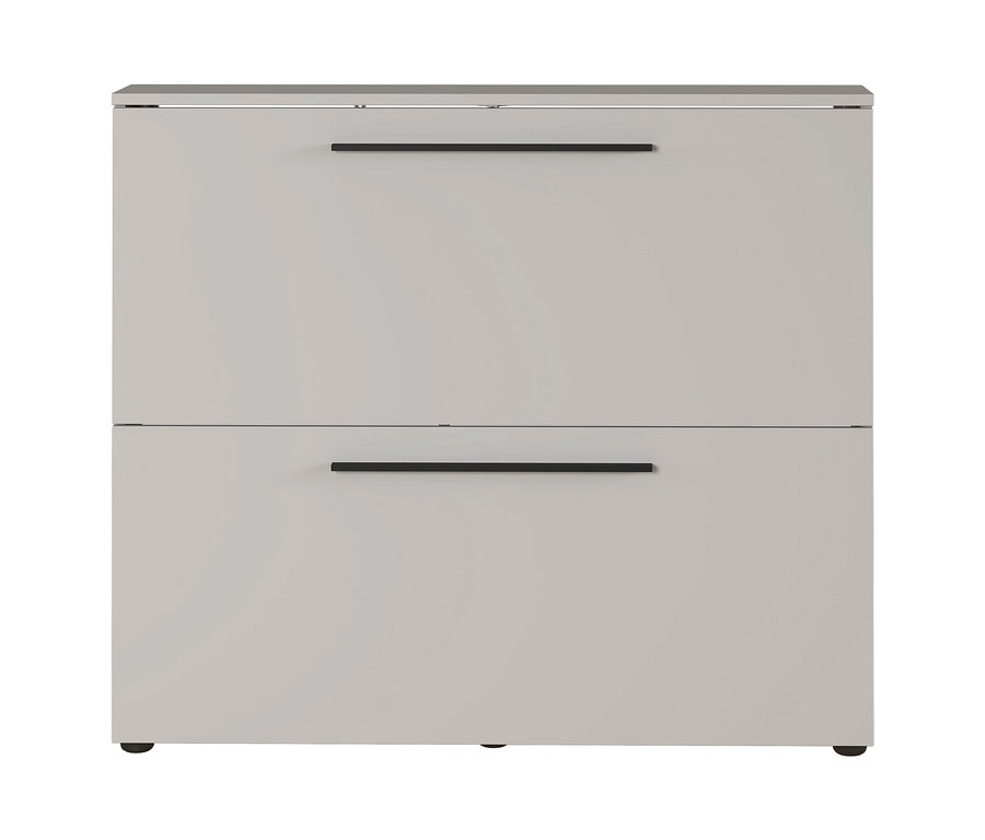 Nahaufnahme eines Schuhschranks »Utah« in Kaschmir mit zwei Schubladen und schwarzen Griffen.