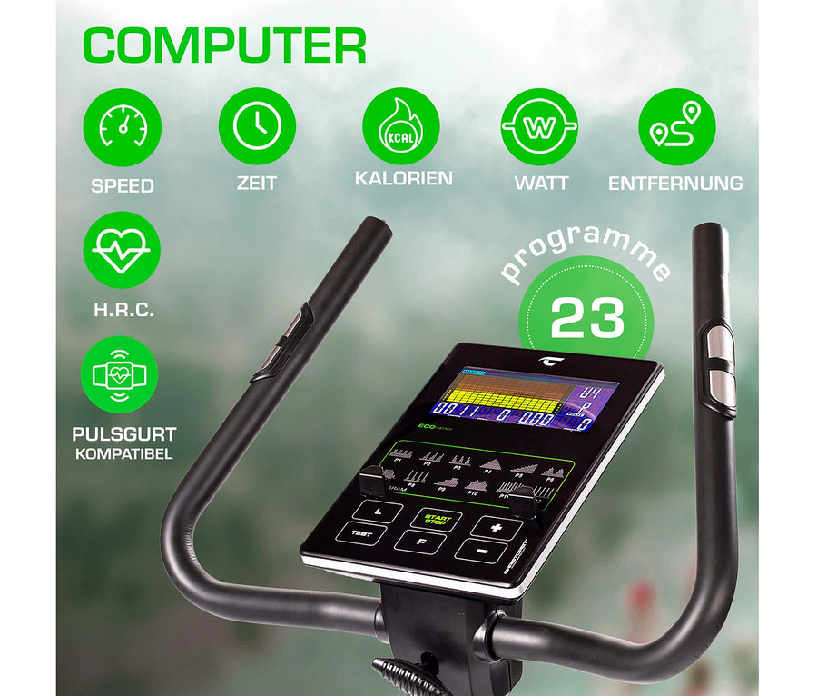 Der Bildschirm des schwarzen Christopeit Sport-Eco-Heimtrainer-Ergometers »EMT 2400« zeigt Geschwindigkeit, Zeit, Kalorien, Watt und Entfernung an.