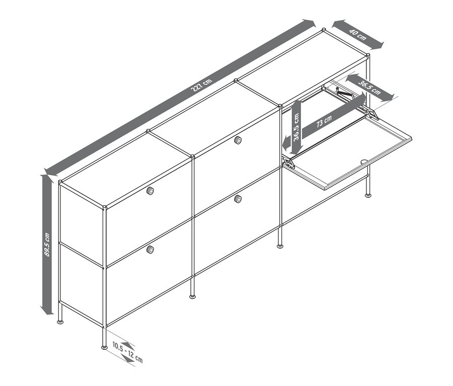 Umriss eines Sideboards »CN3« mit 6 Klappen. Die Maße sind in Zentimetern angegeben.