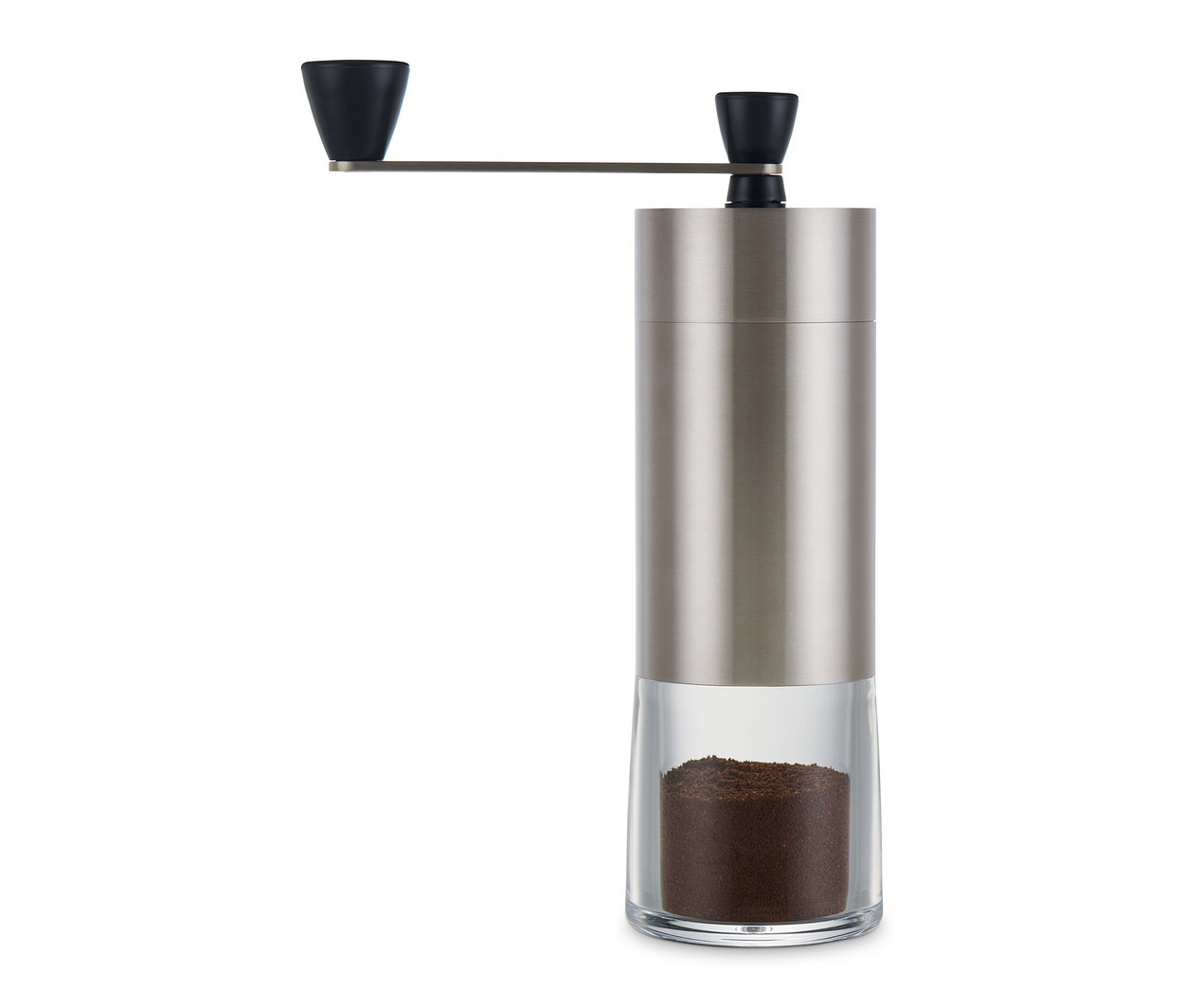 Eine silberne, manuelle Kaffeemühle.