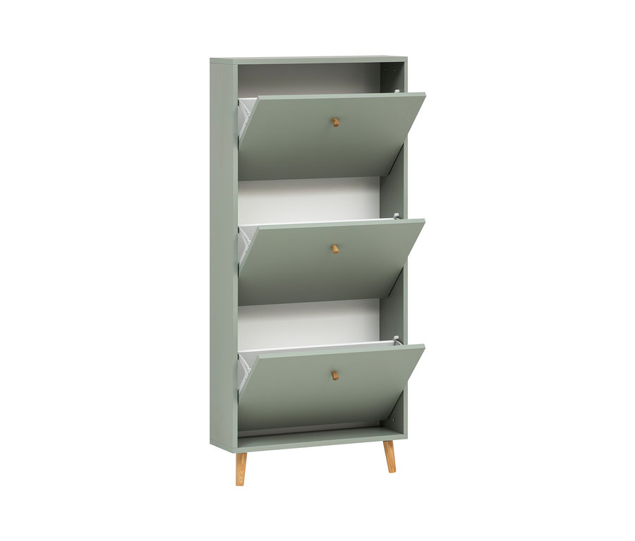 Pistazienfarbener Schuhschrank »Bjarne« mit drei Klappen und Holzgriffen steht auf Holzfüßen.