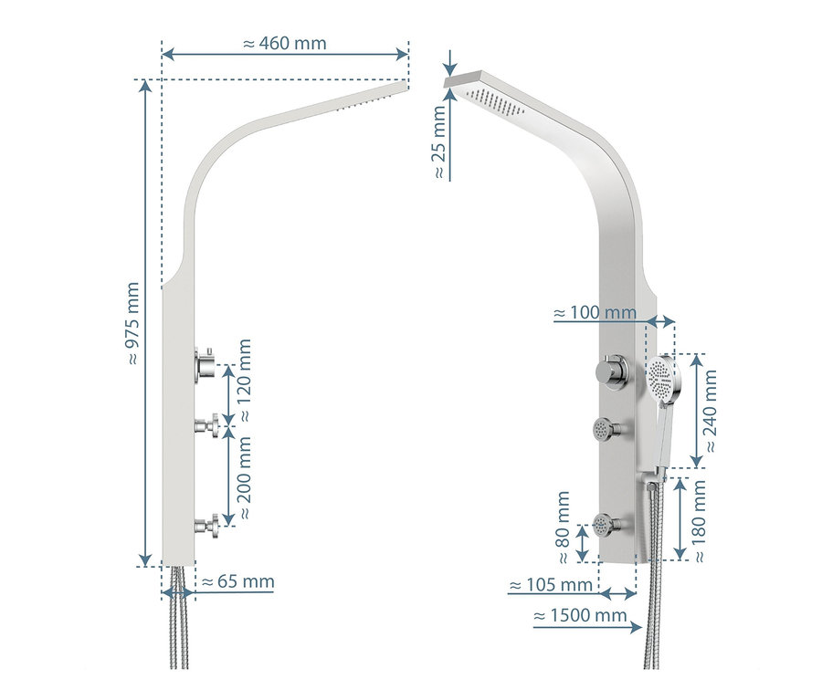 Abmessungen des SCHÜTTE Edelstahl-Duschpaneels »Sansibar«.