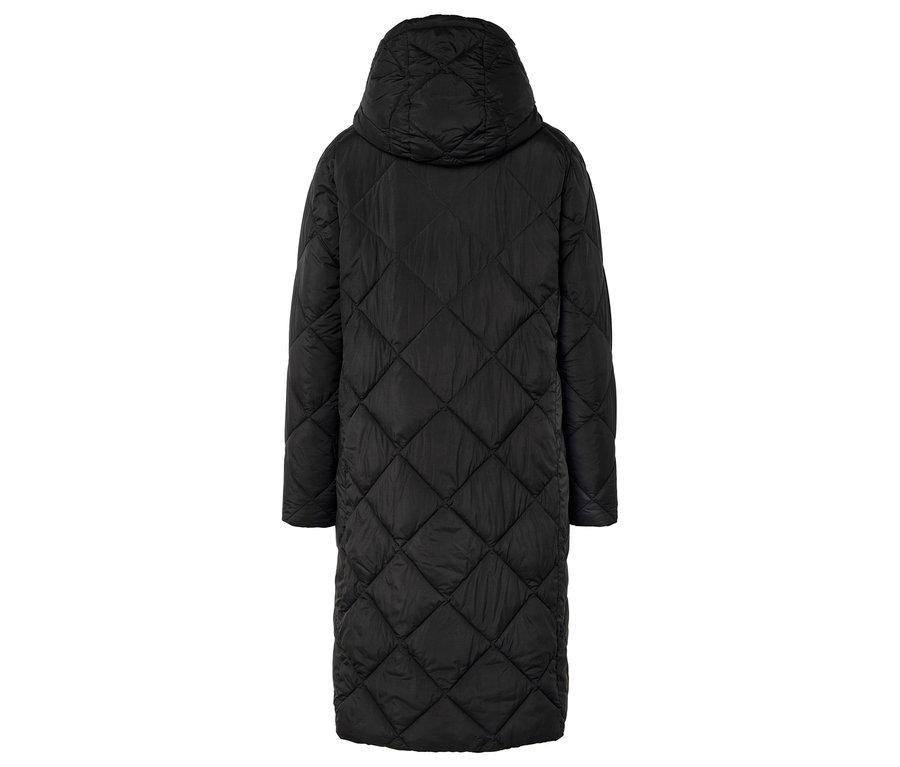 Schwarzer Steppmantel mit Kapuze, Rückansicht.