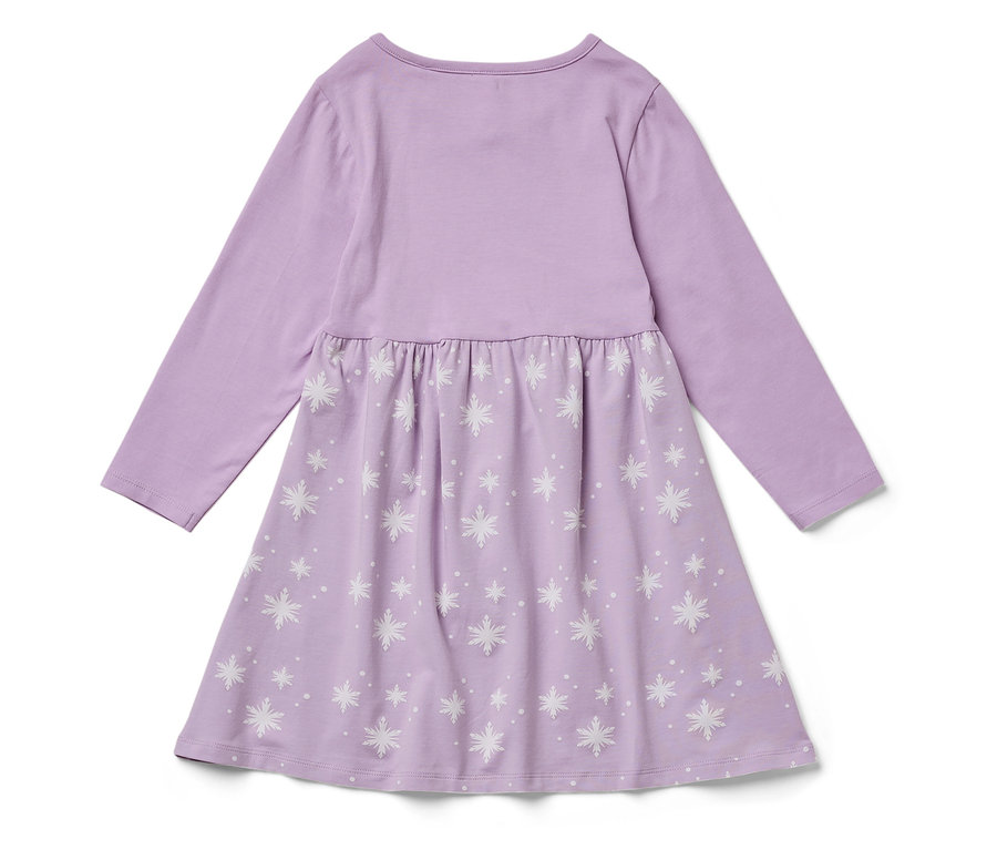 Lila Kleid mit langen Ärmeln und weißem Schneeflockenmuster.