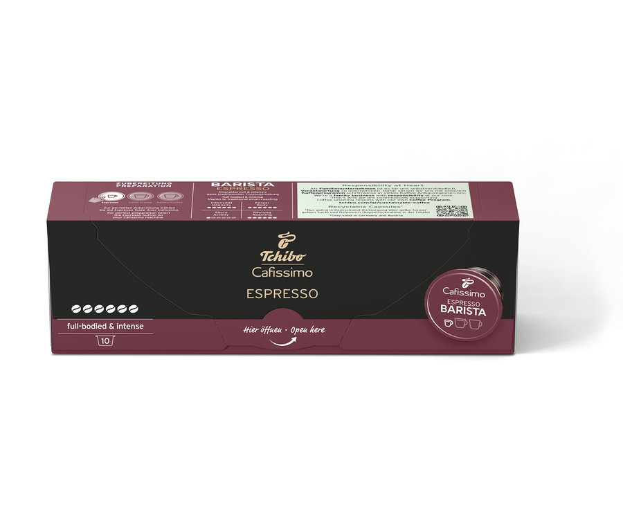 Eine Packung Cafissimo BARISTA Espresso mit 10 Kapseln. Die Verpackung ist dunkelbraun mit einem schwarzen Mittelteil und dem Schriftzug Cafissimo ESPRESSO.