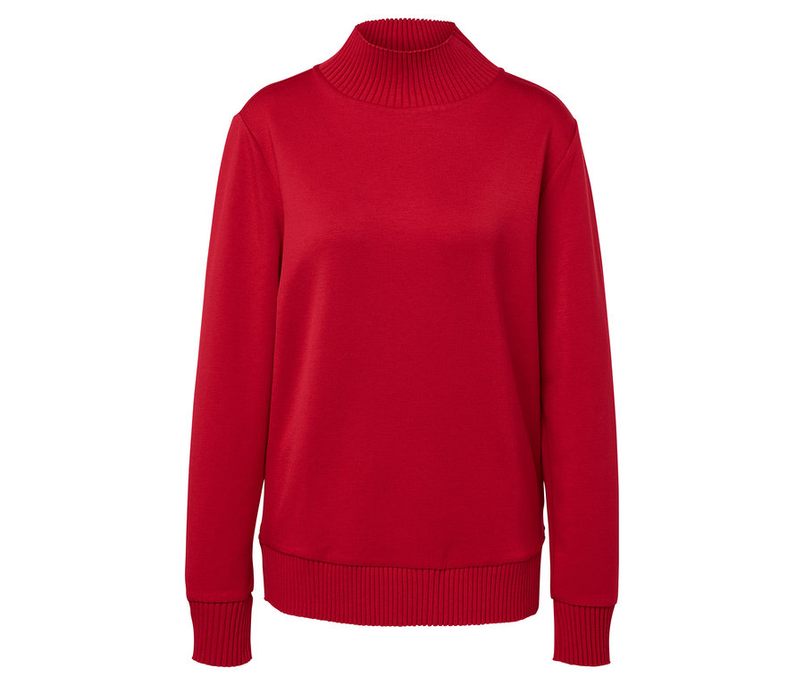 Roter Rollkragenpullover mit langen Ärmeln.