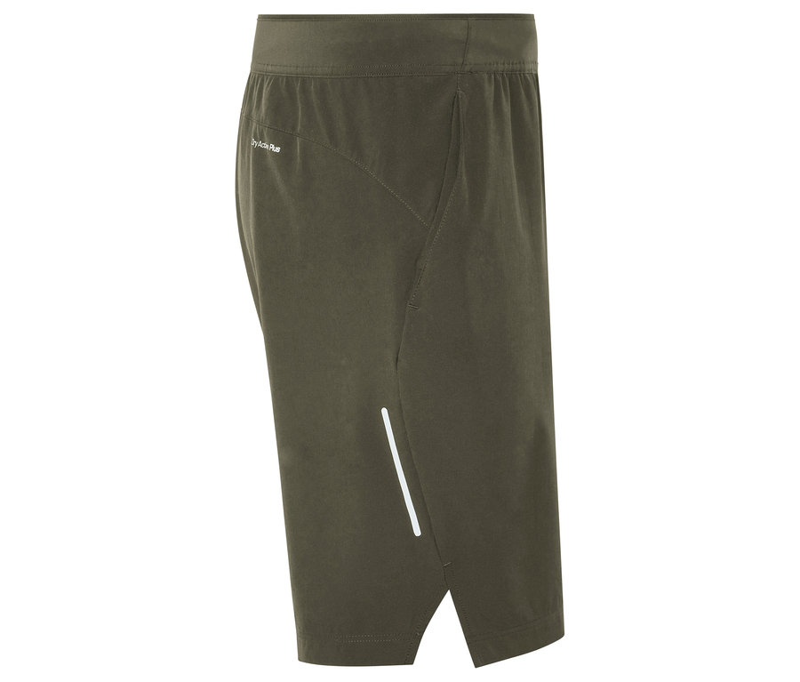 Detailaufnahme von khaki-farbenen Sportshorts mit reflektierendem Streifen.