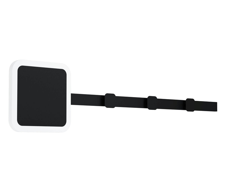 Schwarzes quadratisches Schild mit weißem Rand an einer schwarzen Leiste befestigt.