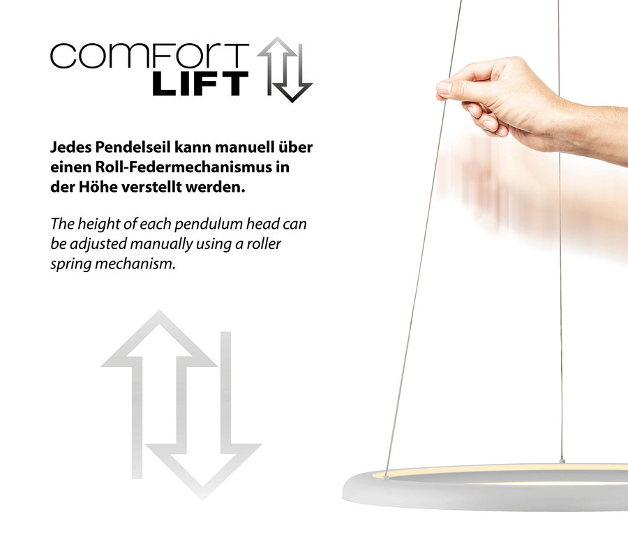 Das Bild zeigt, wie die Höhe einer Pendelleuchte manuell über einen Rollfedermechanismus eingestellt werden kann.