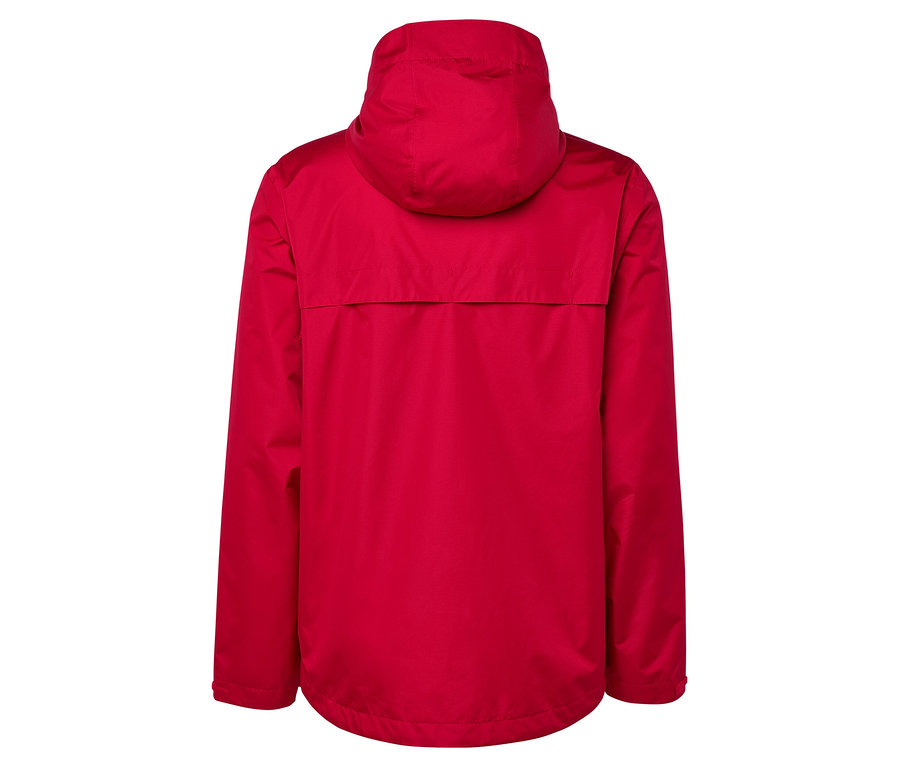 Rückansicht einer roten Jacke mit Kapuze.