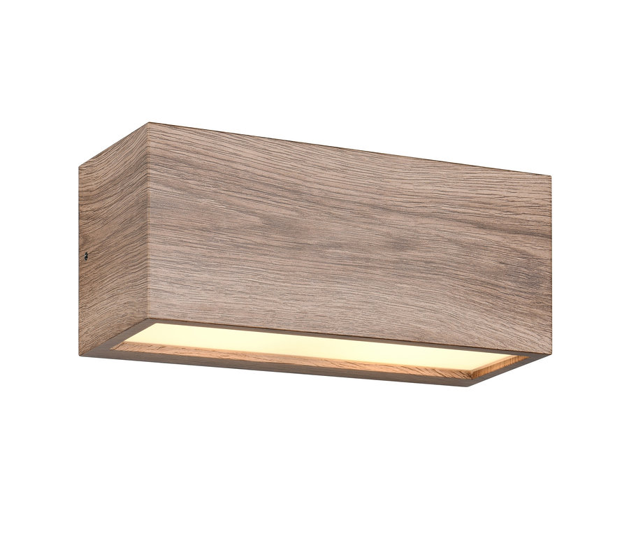 Rechteckige Trio Outdoor-Wandleuchte »Mayenne« in Holzoptik mit Licht nach unten.