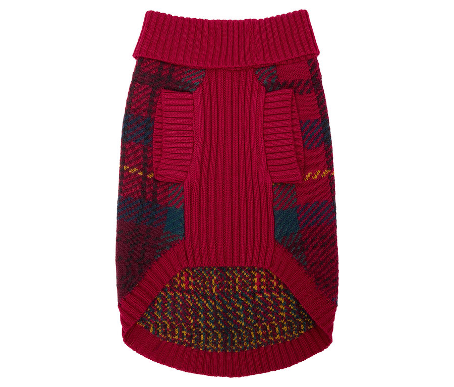 Ein roter Hundepullover mit Karomuster.