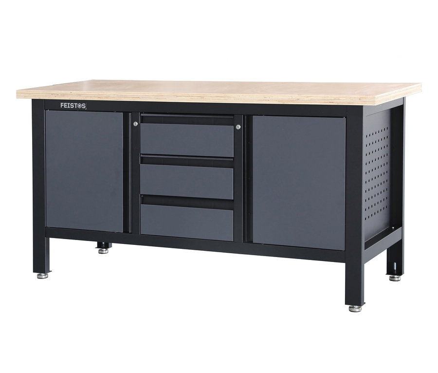 Eine graue FEISTOS Werkbank »Heros 2« mit einer hölzernen Arbeitsfläche und drei Schubladen.