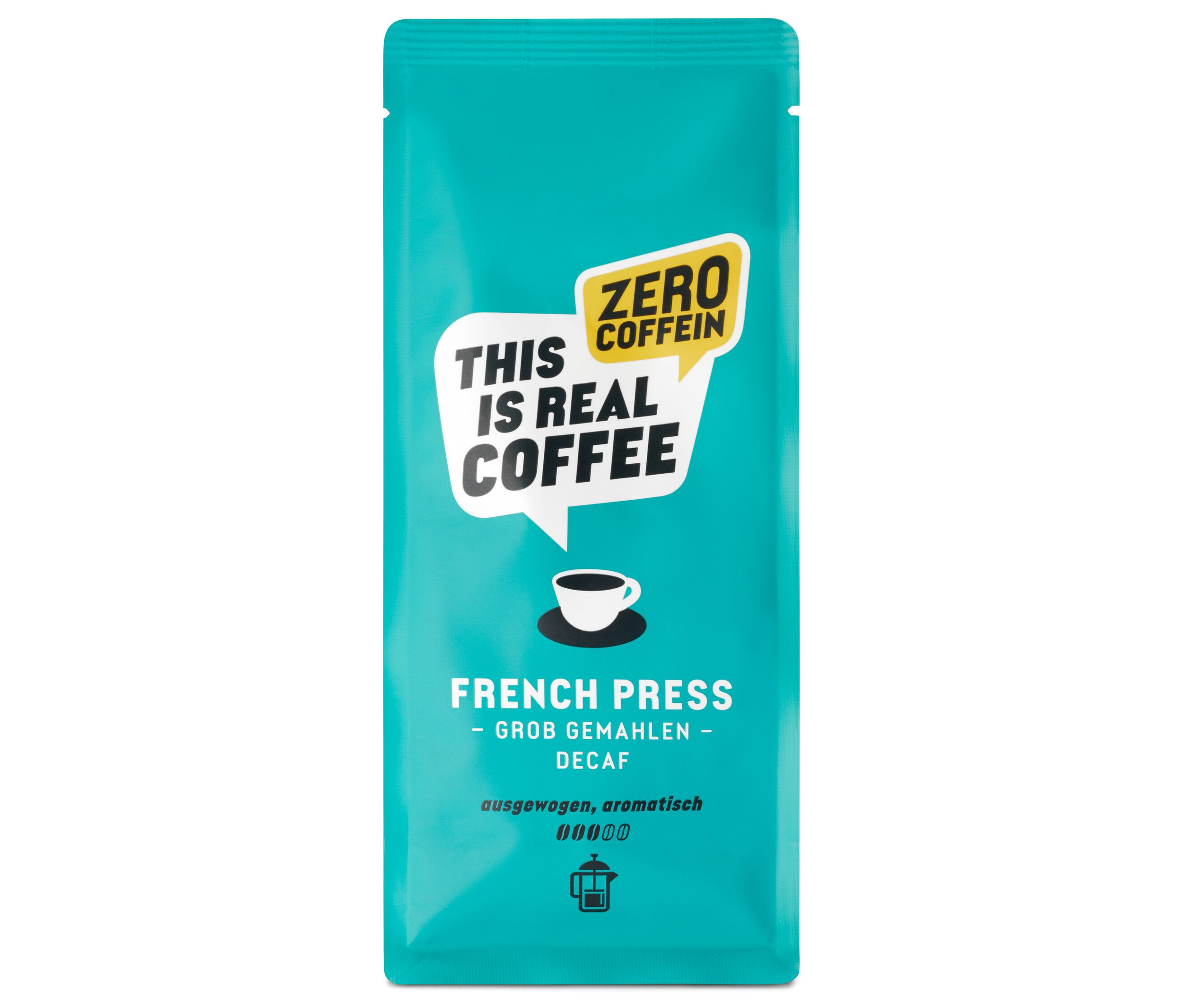Packung French Press Kaffee, grob gemahlen, entkoffeiniert, mit dem Aufdruck „ZERO COFFEIN“.