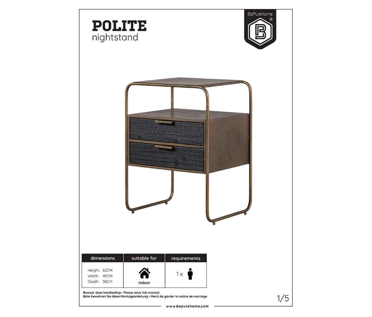 Abbildung des BePureHome Nachttisch »Polite« mit zwei Schubladen und einem offenen Fach.