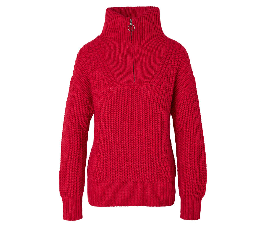 Roter Strickpullover mit Rollkragen und kurzem Reißverschluss.