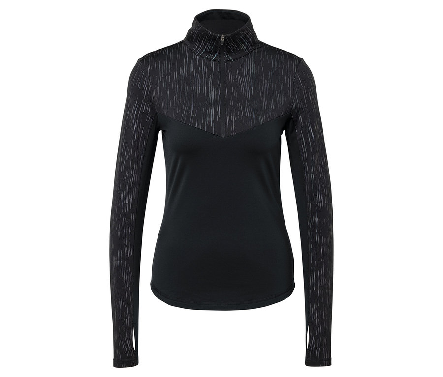 Schwarzes Langarmshirt mit strukturierten Details an Schultern und Oberteil.