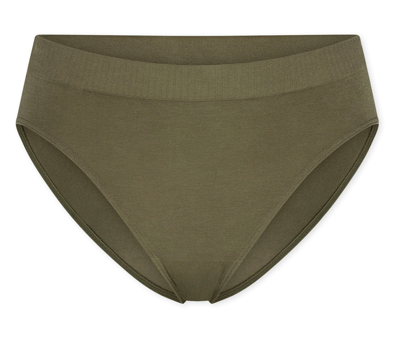 Olivgrüner SCHIESSER Rio-Slip mit geripptem Bund, flach auf weißem Hintergrund liegend.