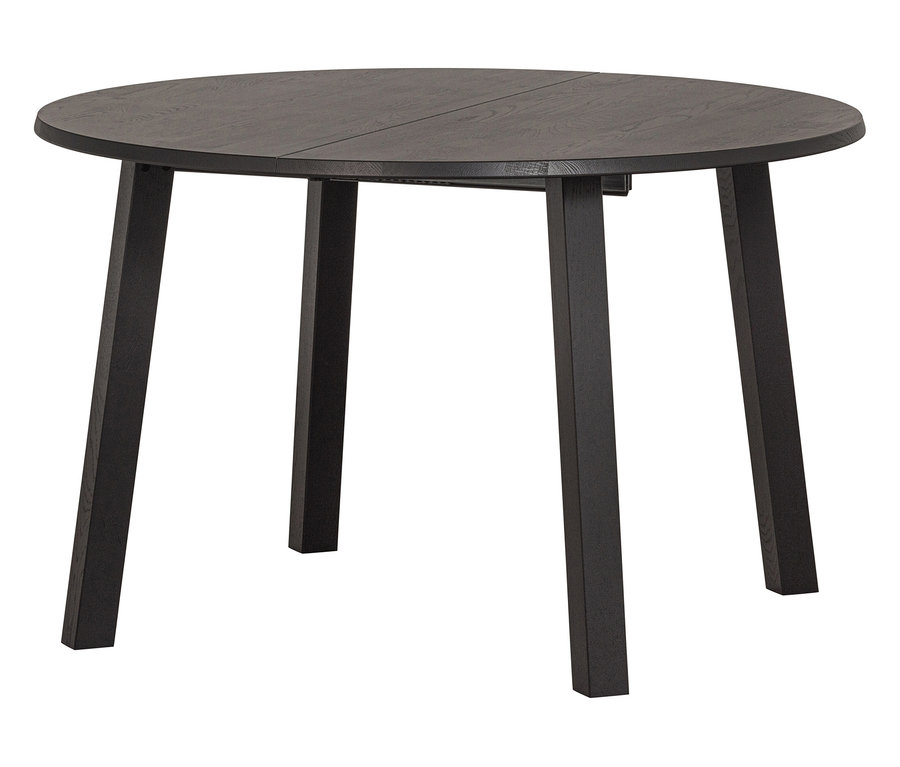 Der schwarze, runde Woood »Lange Jan« Esstisch ist ausziehbar und hat vier Beine.