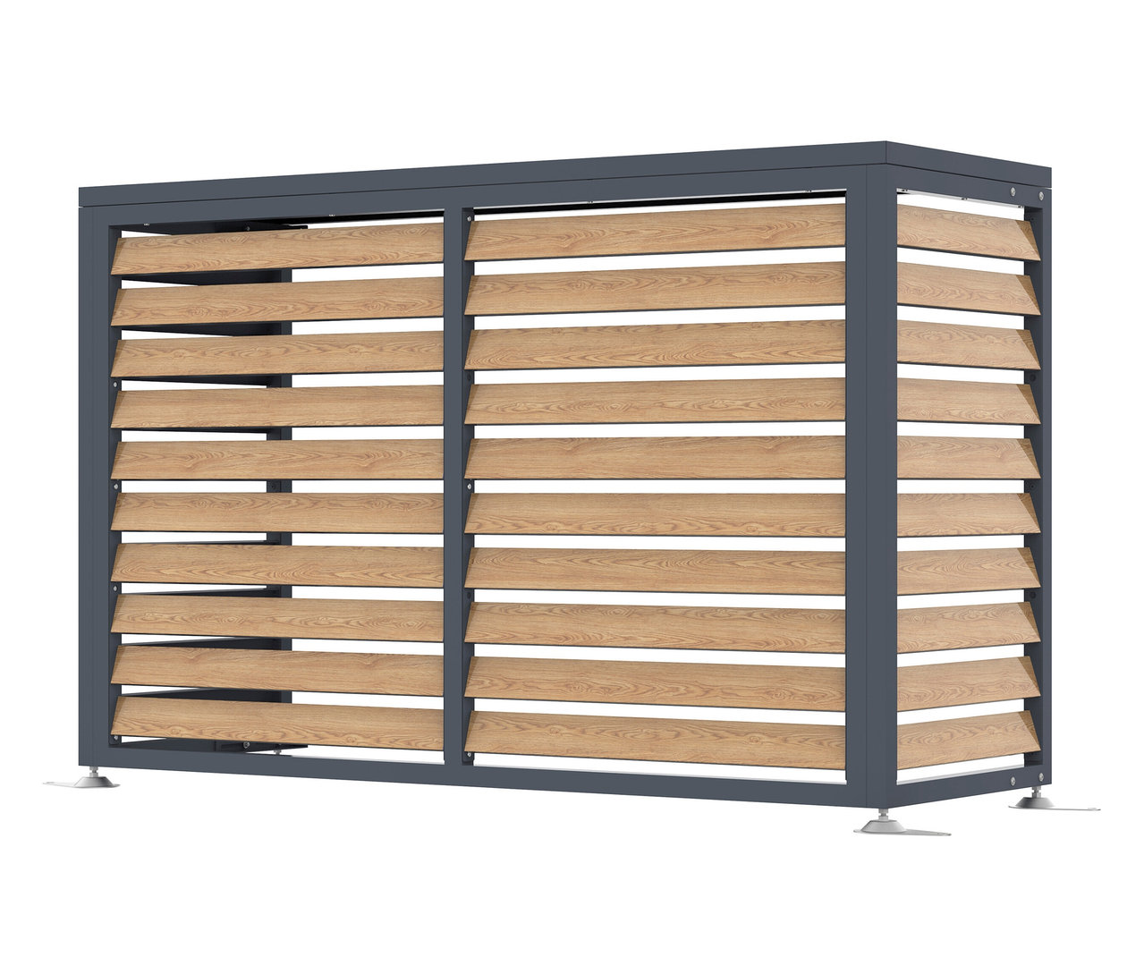 Eine graue Outdoor-Sichtschutzwand mit horizontalen Holzlamellen steht auf kleinen Füßen.