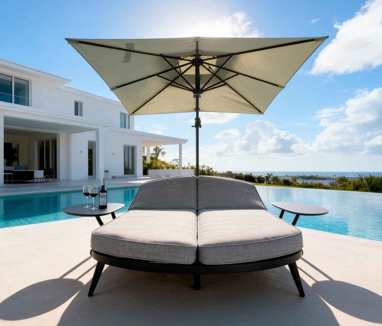 Graue Doppelliege mit Sonnenschirm neben Pool, darauf Wein und Gläser auf Tisch.