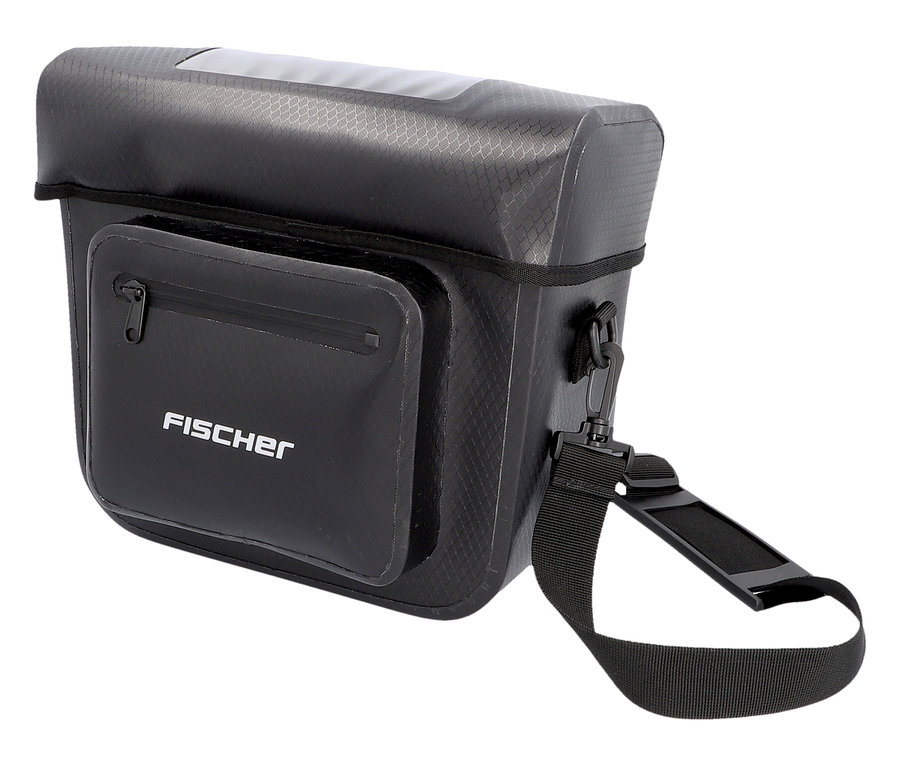 Nahaufnahme der schwarzen FISCHER Lenkertasche PLUS+ Terra mit Tragegurt.