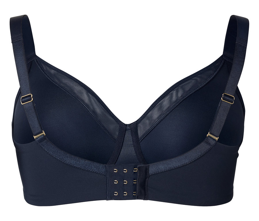 Draufsicht eines marineblauen BHs mit dreifachem Hakenverschluss.