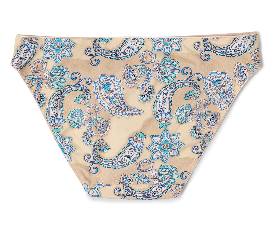 Hose mit blauem Blumenmuster auf beigem Grund.