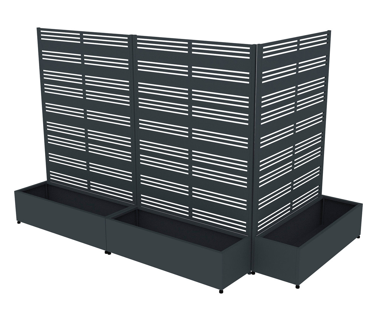 Drei graue Pflanzkästen mit Sichtschutzwänden im Winkel zueinander.