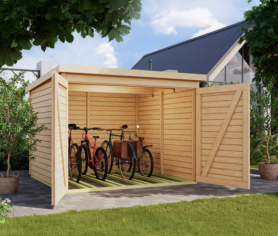 Offene Karibu Fahrradgarage für 4 Räder, 19 mm, naturfarben mit drei Fahrrädern darin.