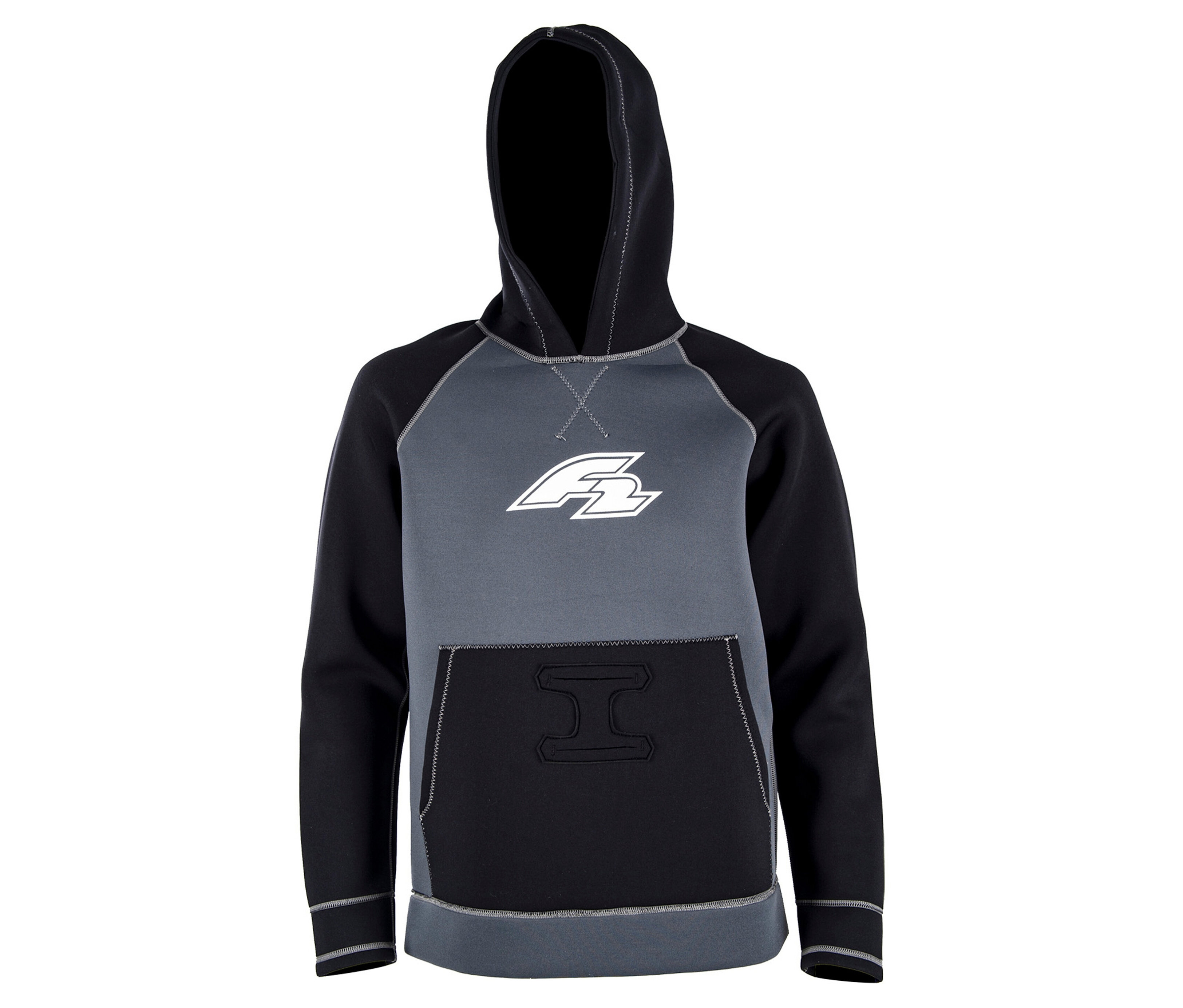 Grauer und schwarzer F2 Neopren Oberteil, Unisex-Hoodie, 4/3 mm mit Kapuze und Bauchtasche.