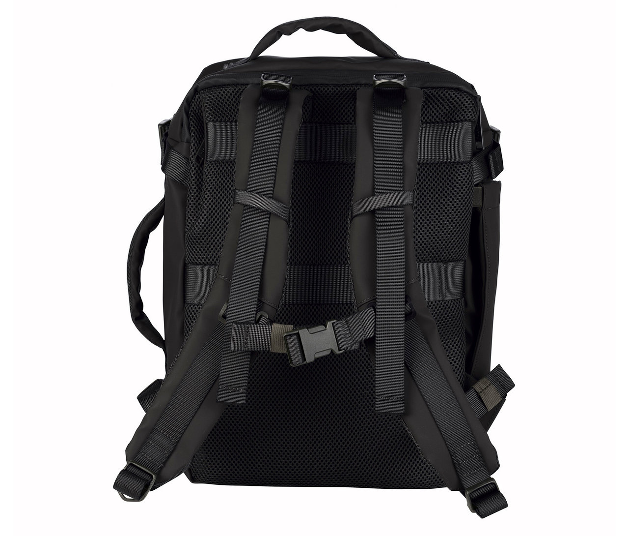 Rückansicht des schwarzen Tucano TUGO DRY Kabinenrucksacks mit 15,6-Zoll-Laptopfach, mit Trägern und Griff.