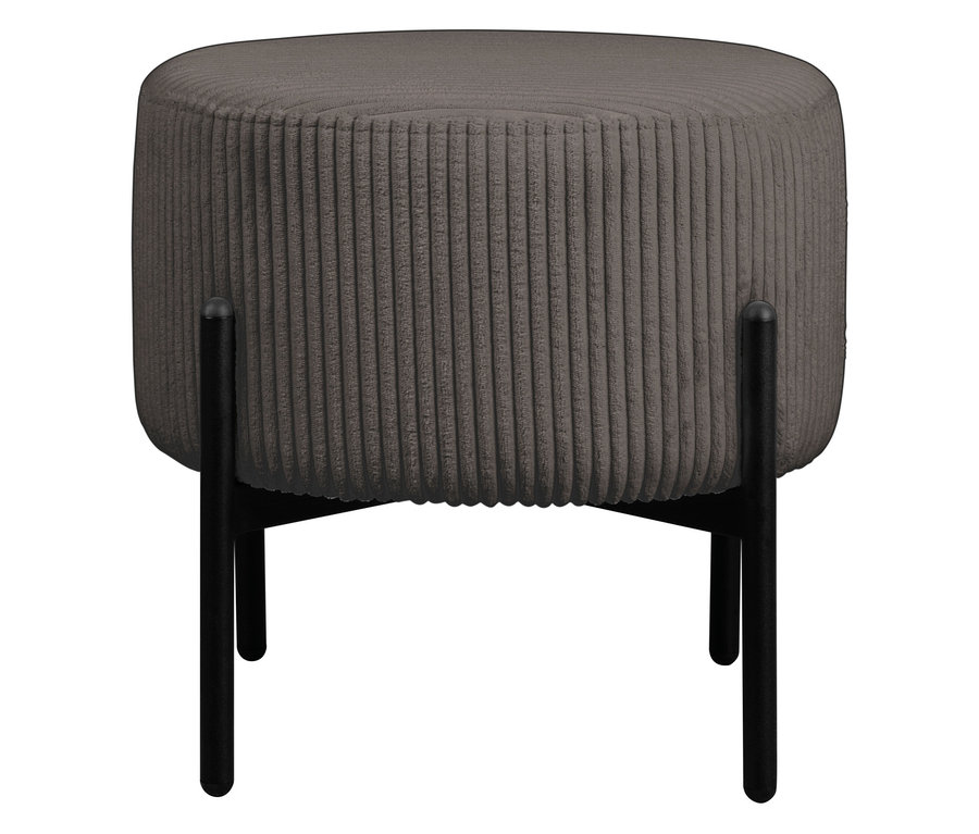 Ein grauer, runder Hocker mit Cordbezug steht auf vier schwarzen Beinen.
