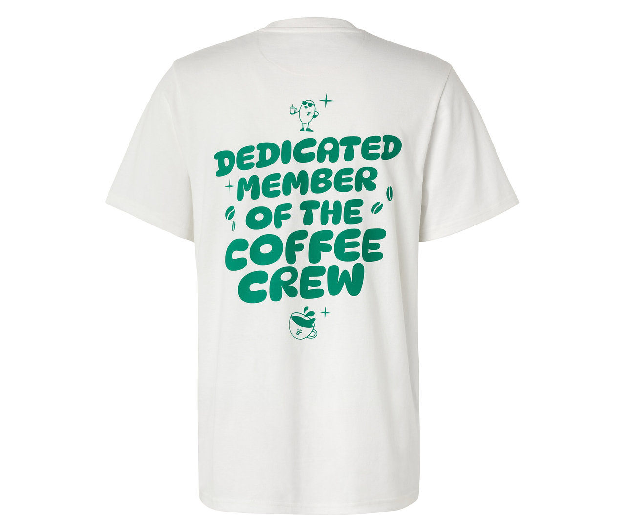 Rückansicht eines weißen Unisex Coffee Crew T-Shirts mit grünem Aufdruck.