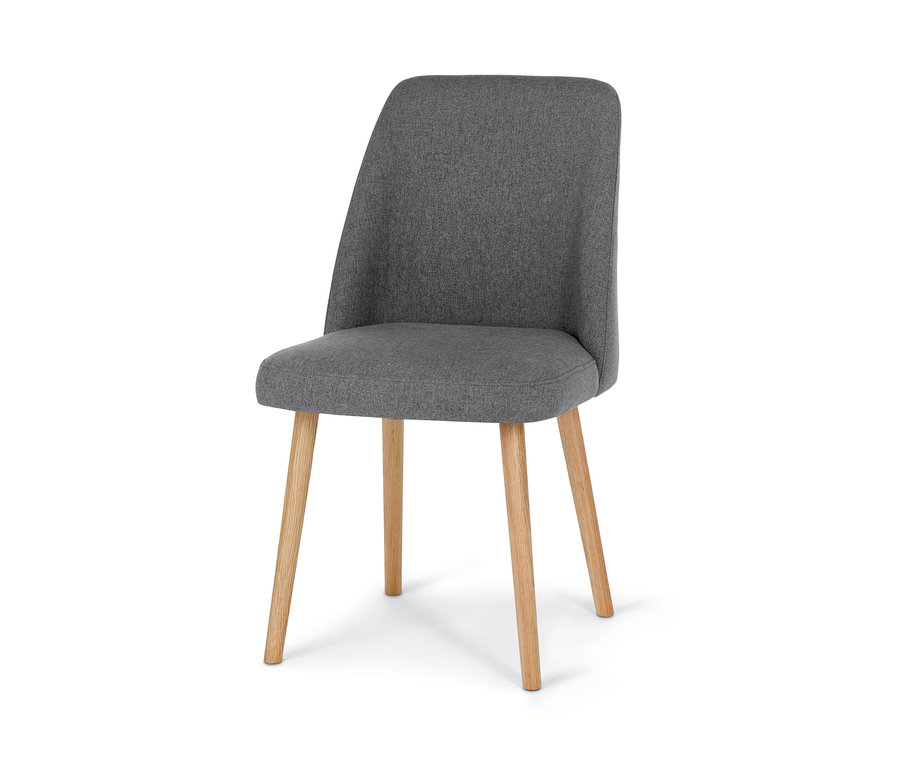 Grauer, gepolsterter Esszimmer-Stuhl mit Holzbeinen.