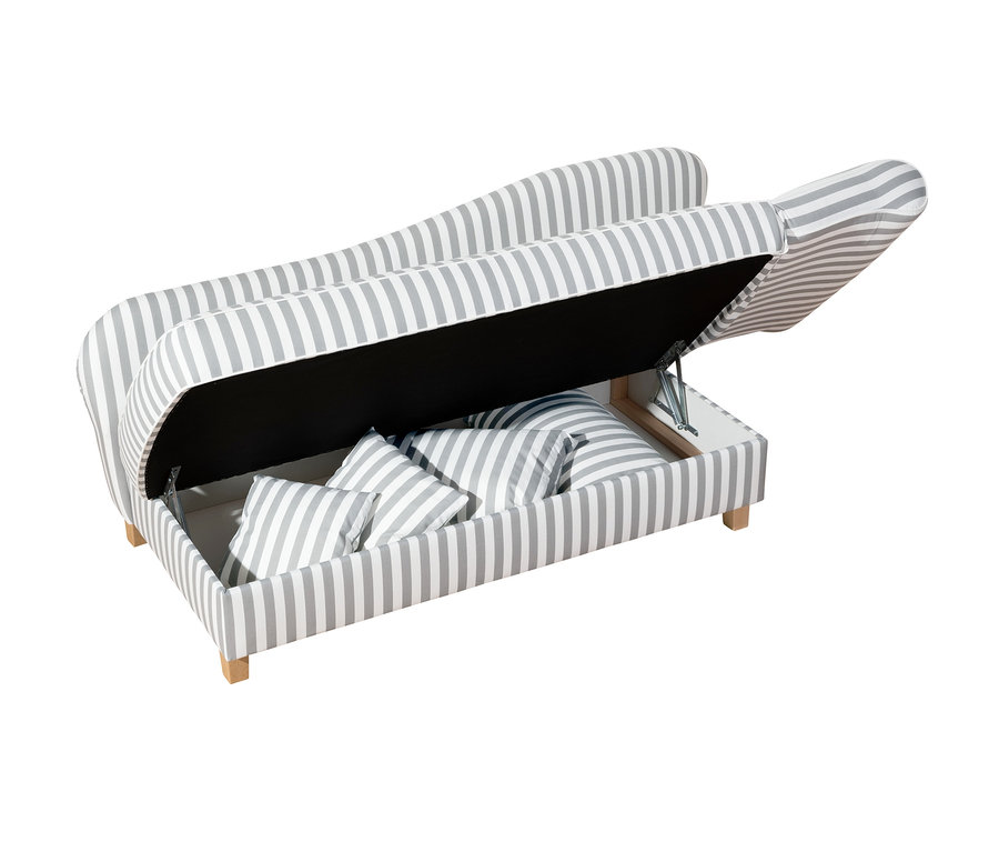 Gestreifte Recamiere »Saturn« mit Stauraum, rechts, mit geöffnetem Stauraum und Kissen darin.