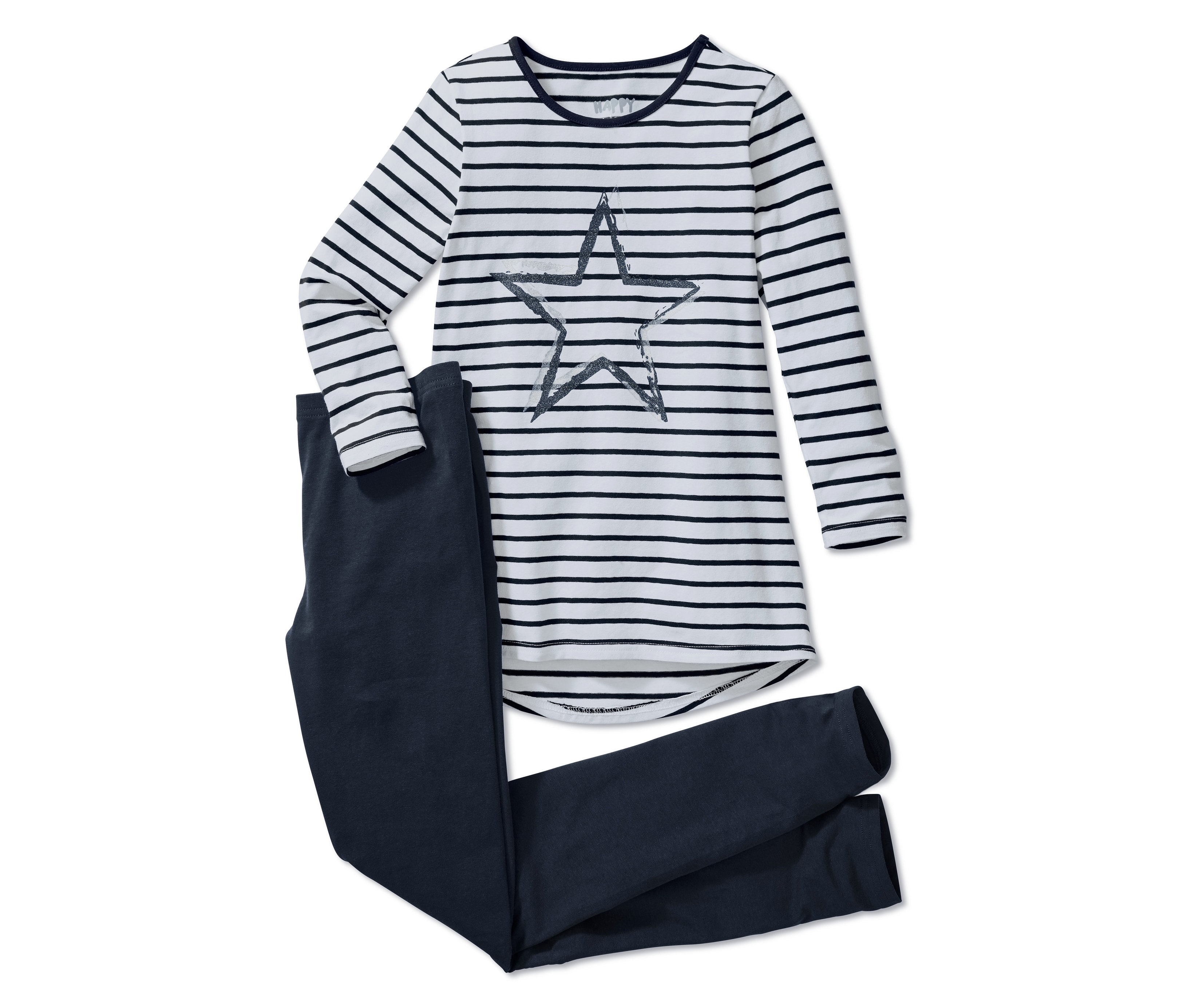 Ein Pyjama mit einem gestreiften Oberteil mit Sternmotiv und einer marineblauen Hose liegt.
