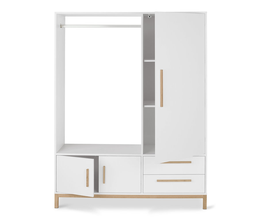 Weißer Garderobenschrank »Eklund« mit offenen Türen und Schubladen.